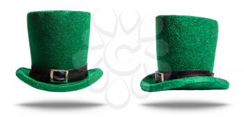 Green classic hat cylinder leprechaun for St. Patrick's Day side and front isolated on a white background