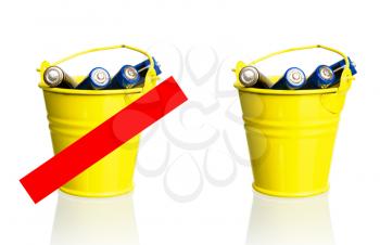 concept trash bin with batteries thrown into it and prohibition sign on a white background