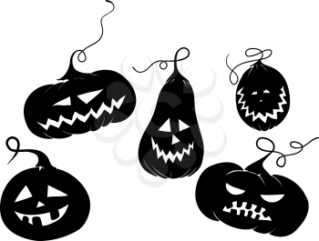 five black pumpkins for Halloween with different emotions on their faces
