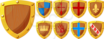 A small set of wooden knight shields forged with iron with various heraldic emblems