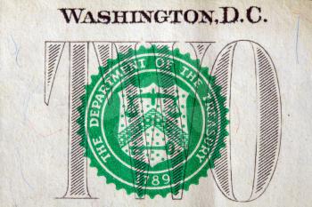 close-up image of a fragment of a US two dollar bill