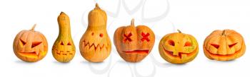 six pumpkins with carved faces for Halloween holiday with different emotions isolated on white background