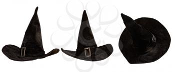 classic spiky fairy tale halloween witch hat in multiple positions on white background