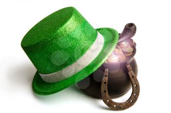 green classic leprechaun hat smoking pipe horseshoe symbol of luck and treasure pot on white background