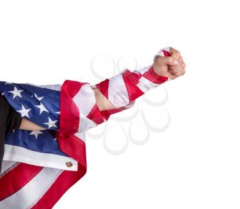 Strong male arm wrapped in the Stars and Stripes USA flag strikes forward