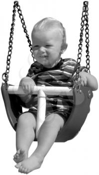 Royalty Free Black and White Photo of an Infant Child in a Baby Swing