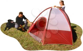 Royalty Free Photo of a Couple Pitching a Tent While the Dog Watches