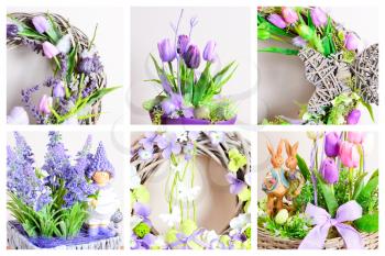 Photo collage of Easter homemade decoration with spring arrangement. Homemade arrangement. Photo collage.