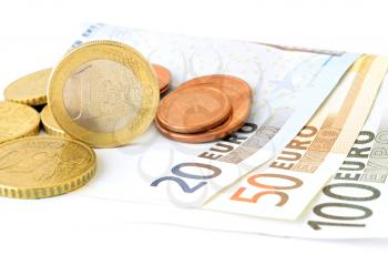 European Union banknotes and coins on white background. Euro currency. Euro coins. Euro banknote. 100 Euro. 50 Euro. 20 Euro. Euro bills. EU Bills 