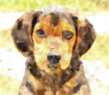 Abstract watercolor digital generated painting of the Beagle dog puppy. Beagel dog portrait, dog painting.