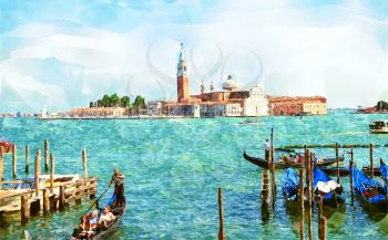 Abstract watercolor digital generated painting of the Church of San Giorgio Maggiore with gondolas in Venice, Italy.