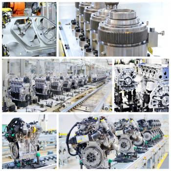 Collage of shots of the assembly line, engines and other parts in car factory.