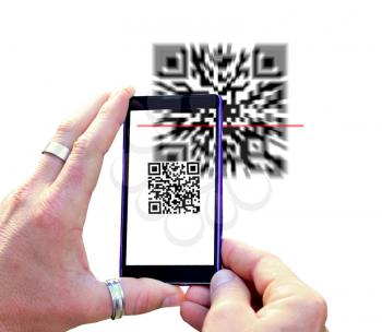 View over the mobile phone screen during scanning QR code isolated on white background. Hands holding mobile phone and scanning QR code.