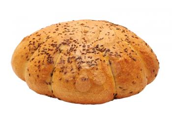 Closeup of traditional cumin bread loaf isolated on white background.