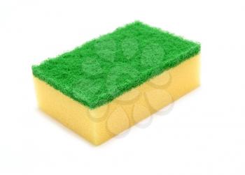 Yellow washing kitchen sponge with abrasive green scourer over white background.