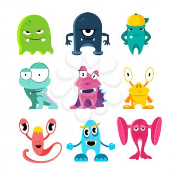 Cute cartoon monsters, vector funny characters with spooky eyes