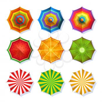 Top view picture of summer beach umbrella for relaxation. Colorful vector set isolate on white. Collection of color umbrella for protection from sun, illustration of umbrella with stripe pattern