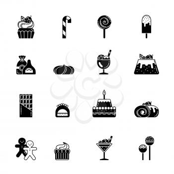 Monochrome black icons of sweet, biscuits and other bakery foods. Ice cream and chocolate cupcake. Vector sweet food bakery and biscuit, illustration of dessert cupcake and bakery