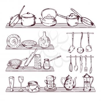 Kitchen wooden shelves with different tools. Hand drawn vector illustration isolate on white background. Sketch kitchen tools spoon and fork for cooking