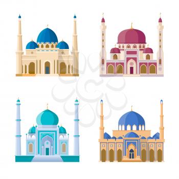 Vector set of four mosques. Arabic religion buildings. Cartoon illustrations set isolate on white background. Architecture mosque building, muslim minaret and arabian church
