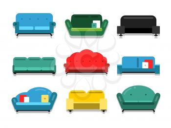 Furniture couches and sofa. Flat style vector illustrations. Furniture interior couch for home, classic colored sofa and collection of comfortable couches