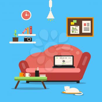 Home office or freelancer interior with sofa and laptop. Vector illustration of workspace. Flat style domestic workspace interior
