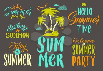 Handwriting vector words set for summer postcard decoration. Vintage illustrations. Lettering text hello summer and summer time party