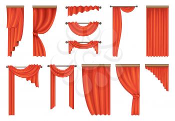 Vector set of theatre red curtains. Illustration of red curtain, theater velvet, textile decoration interior