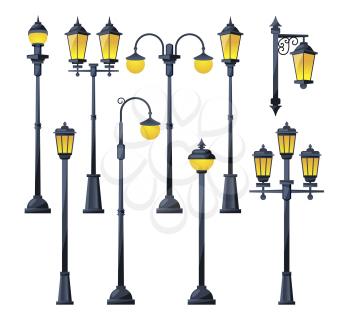 Vector illustration of old city lamps in cartoon style. Lamp street in vintage classic style