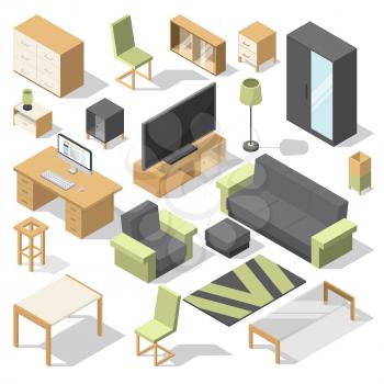 Furniture set for bed room. Vector isometric elements for modern home. Collection of furniture for home and office illustration