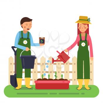 Woman and man working in garden. Different tools for farming and gardening. Vector characters in flat style. Woman farmer character, gardener work garden illustration