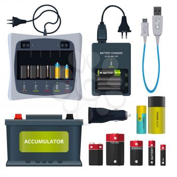 Rechargeable lithium battery and different accumulators isolate on white. Vector illustrations in cartoon style. Power accumulator charge, battery and recharge electric device