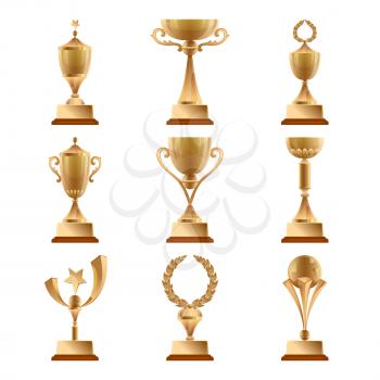 Golden trophy collections, sports award. Vector set isolate. Gold cup for competition sport trophy illustration