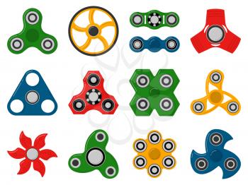 Hand spinner toys for anti stress games. Vector pictures of different shapes. Collection of color fidget hand toys for relaxation illustration