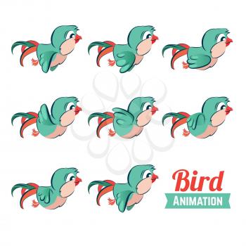 Key frames animation of bird flying. Cartoon zoo vector illustration. Animation bird animal, movement wildlife sequence