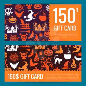 Vector halloween gift card or voucher templates with witches, pumpkins, ghosts, spiders silhouettes with place for text illustration