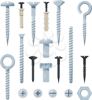 Pictures set of hardware tools. Iron bolts, nuts, nails and screws. Bolt and hardware for fix. Vector illustration