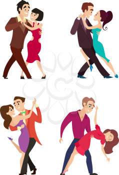 Funny couples dancing latin and foxtrot dance. Male and female characters isolate on white. Male and female dance couple, performance romantic dance together. Vector illustration