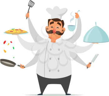 Multitasking chef cooking. Vector funny character isolate on white. Multitask kitchen chef cooking talented illustration