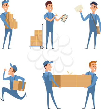 Set of cartoon characters at work of delivery service. Cartoon character worker, courier with package, postman mailman job, vector illustration
