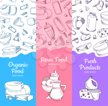 Vector vertical banners with sketched dairy goods and place for text illustration
