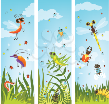 Vertical web banners with illustrations of cartoon insects. Insect in green nature, butterfly and dragonfly vector