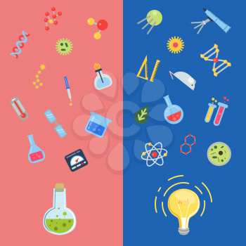 Vector flat style science icons flying above vial and lightbulb concepts illustration