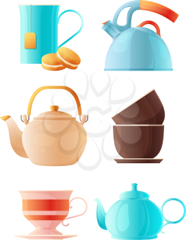 Teapots set. Vector cartoon pictures of cup of tea and various kettles. Teapot and coffee drink, teakettle ceramic illustration