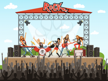 Rock band on stage. People on concert. Music performance. Vector illustration in cartoon style. Music stage rock concert, performance musician