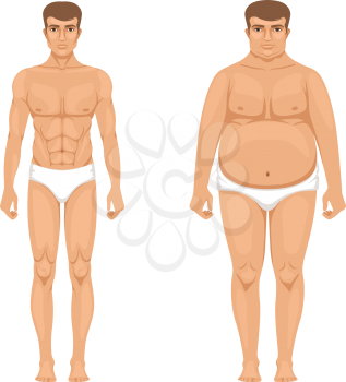 Visualization of weight loss. Muscular and fat man. Vector cartoon illustration of lifestyle. Muscular body male and transformation guy