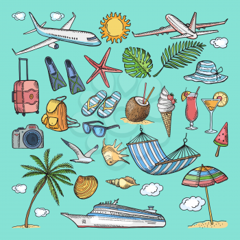 Different hand drawn coloring summer icons set. Tropical illustrations. Slippers, cocktail, bikini and other vacation ellements. Ice cream and camera, travel tropical with cocktail and beach