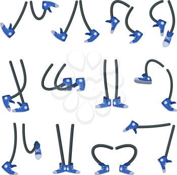 Characters legs in shoes. Different positions and situations. Walking, running and standing. Leg run and walk, footwear cartoon. Vector illustration