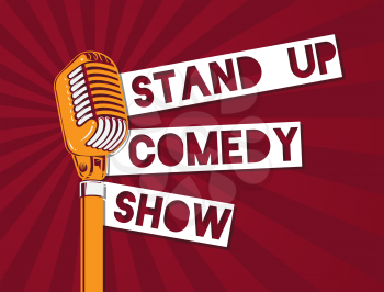 Vector stand up comedy microphone illustration on sunburst background. Stand up banner with microphone