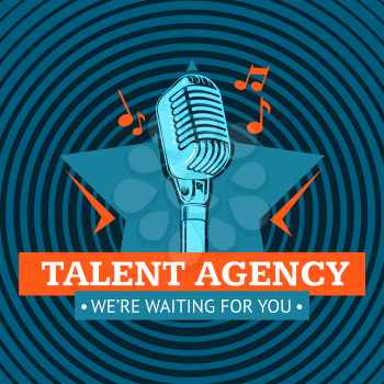 Talent agency logo, emblem with star and retro microphone on radio signal circles background. Vector illustration